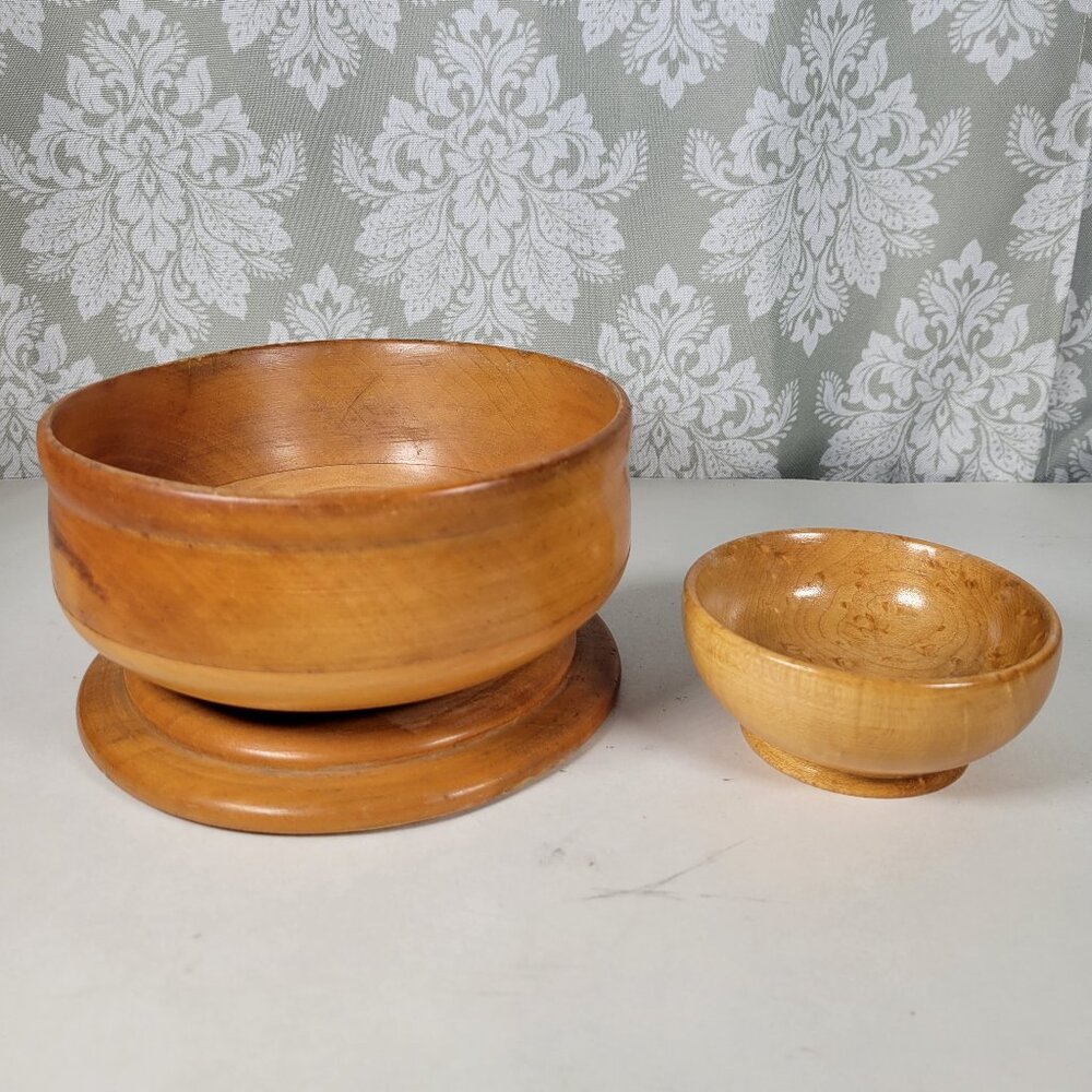 Set of Two Vintage Rustic Farmhouse and Handmade Wood Bowls - Pair
